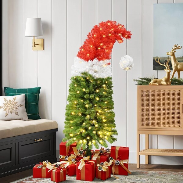 5Ft PreLit Artificial Tree with Santa Hat Treetop with 8 Lighting Modes