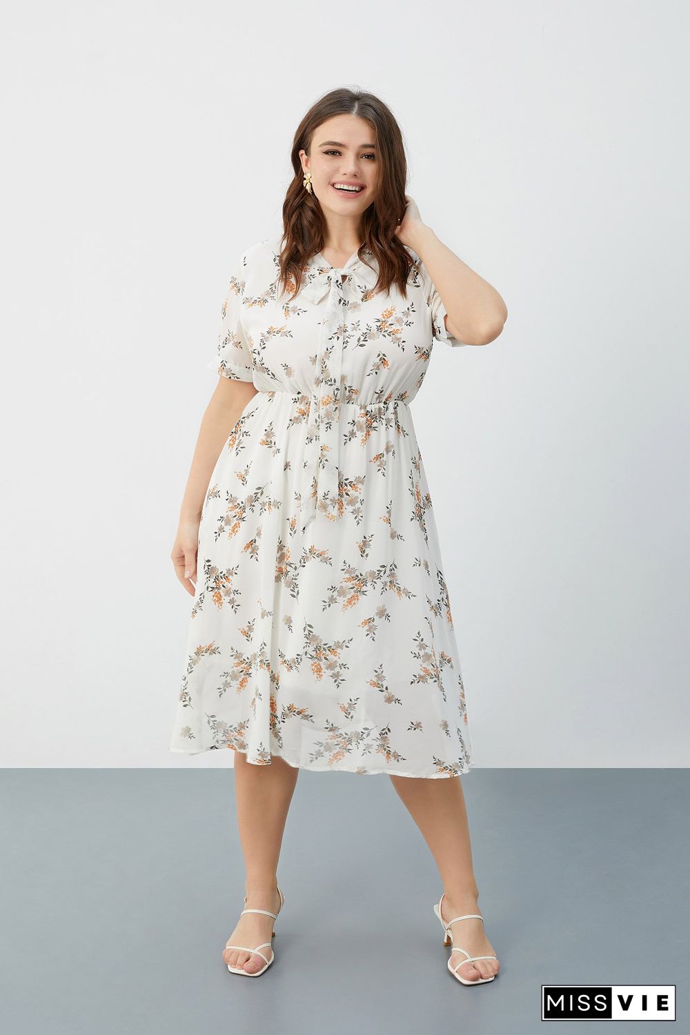 White Floral-print Tie-neck Midi Dress P16383