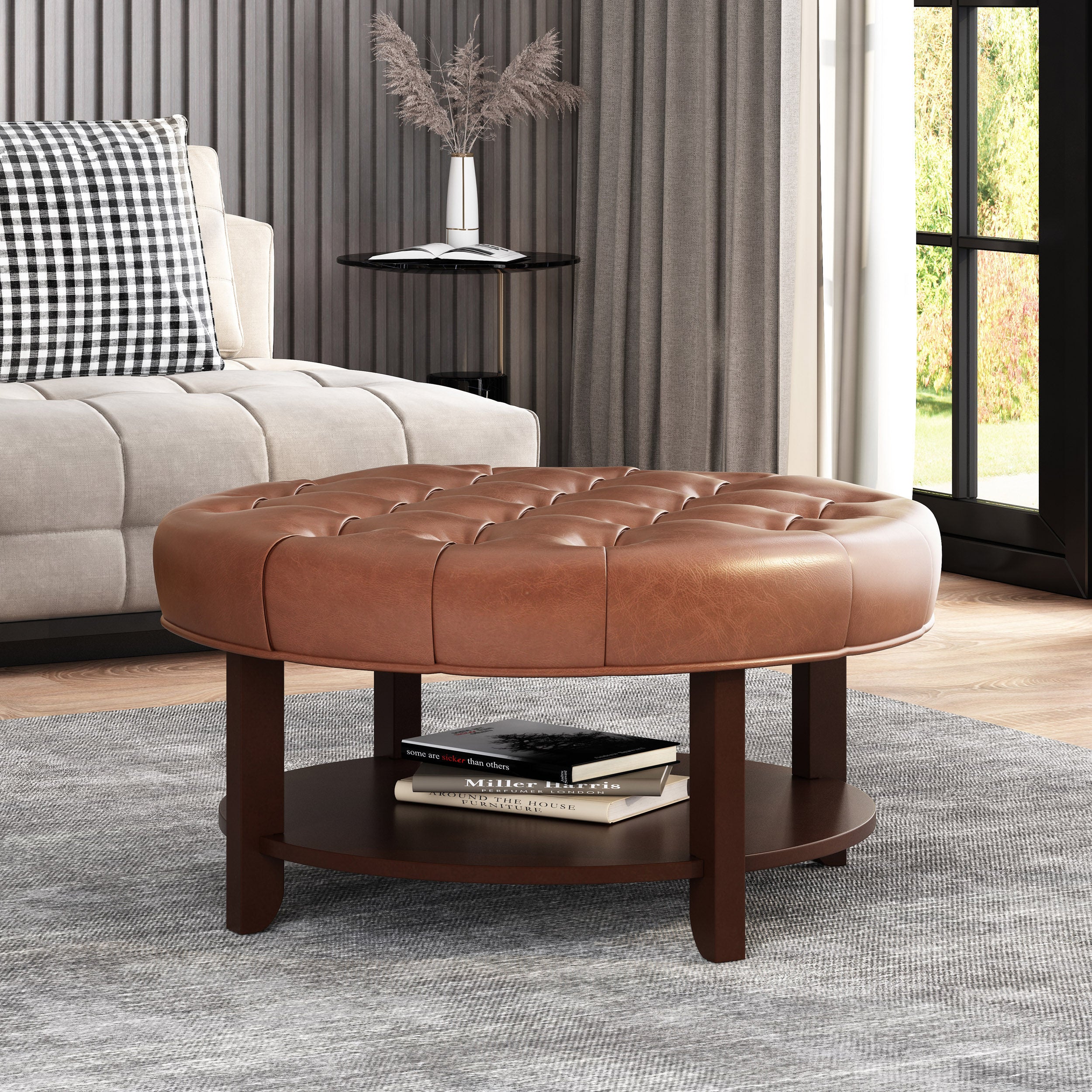 Baynes Contemporary Faux Leather Tufted Wood Round Ottoman with Open Shelf