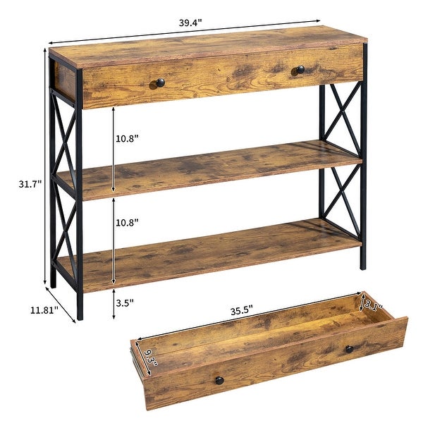 Industrial Style 3-Tier Console Table with Drawer and Shelves