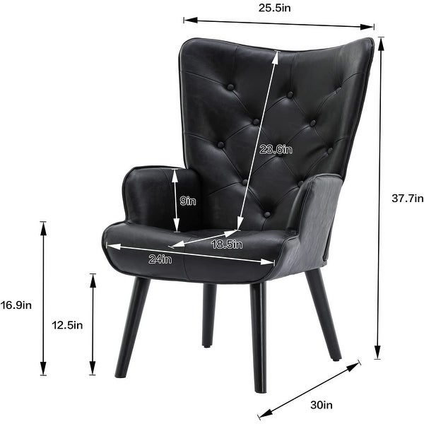 PU Leather Accent Chair for Living Room， Modern Tufted Button Wingback Reading Chair Arms Side Chair with Solid Wood Legs