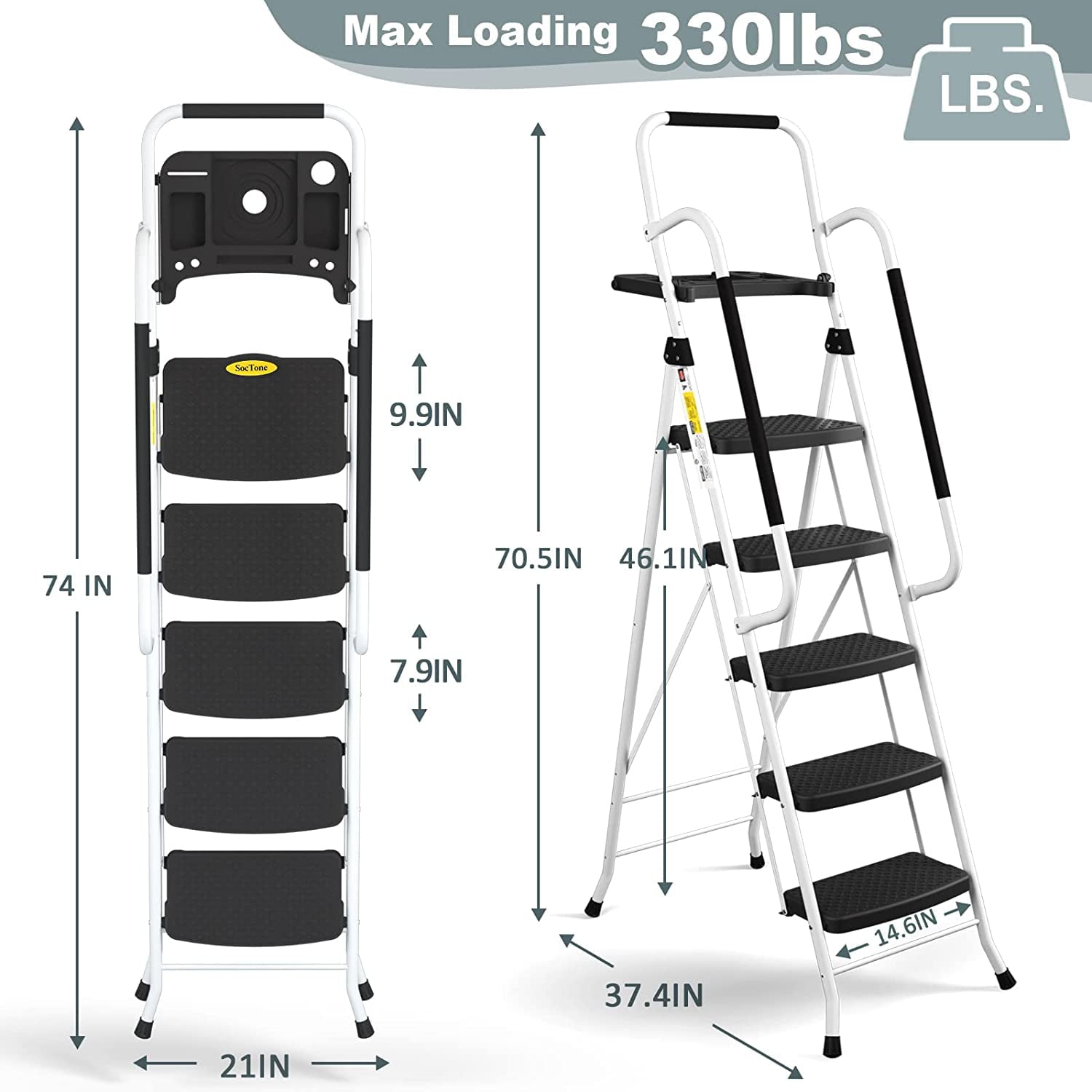 SocTone 5 Step Ladder with Handrails, Folding Step Stool with Tool Platform, Sturdy& Portable Steel Ladder for Adults, 330LBS Capacity Ladder for Home Kitchen Library Office