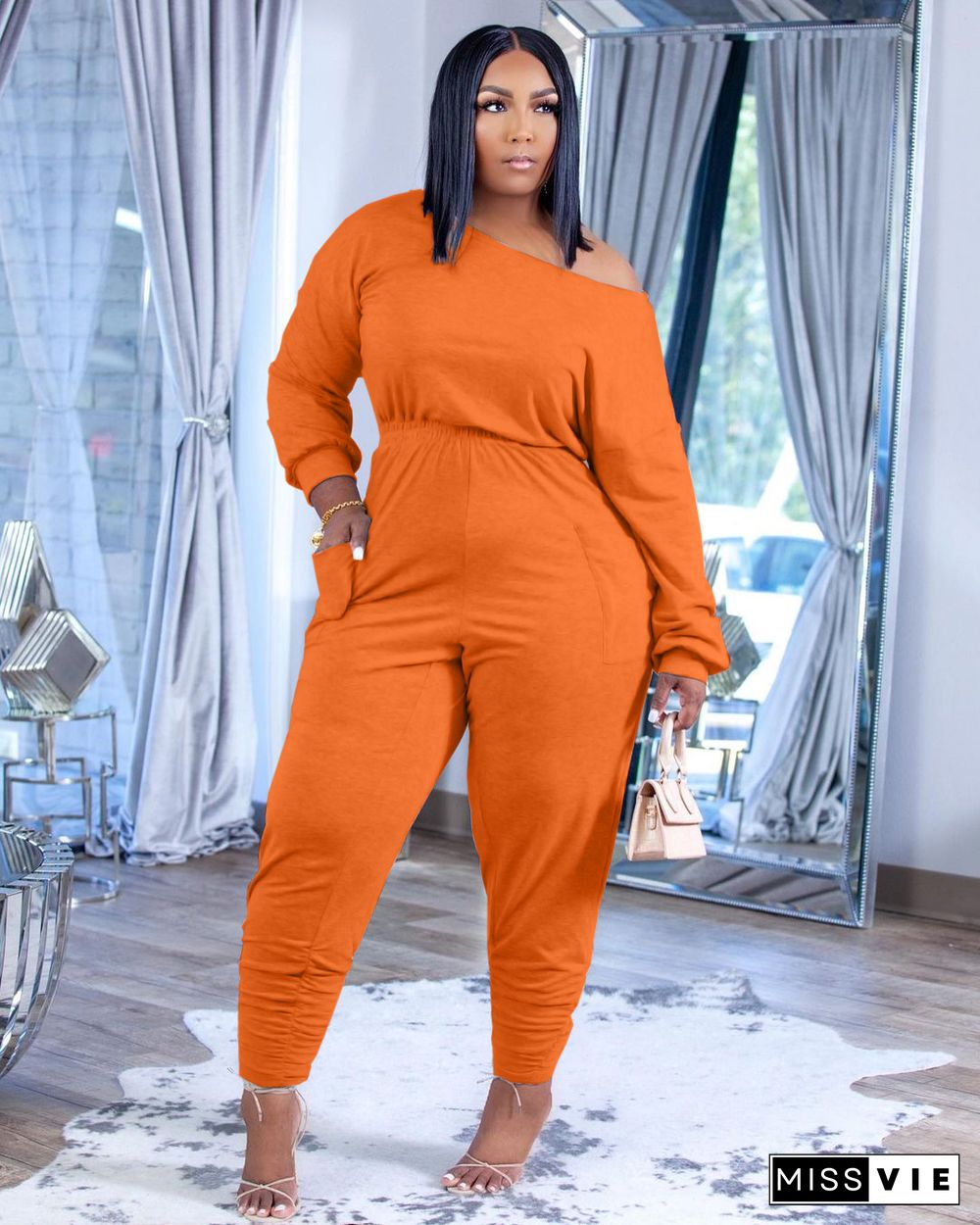 Solid Color Long Sleeve Loose Fit Jumpsuit