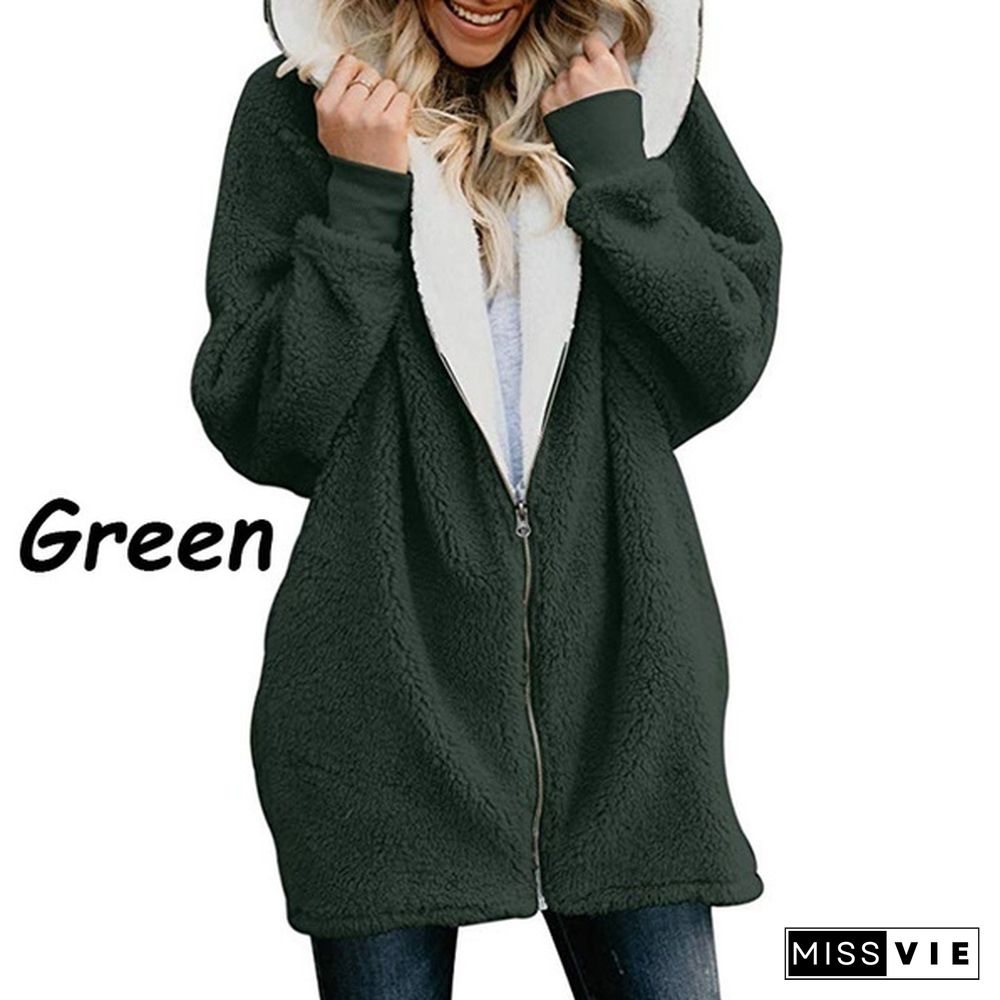 Women Coat Winter Warm Coat Women Casual Zipper Hoodie Fluffy Hooded Cotton-padded Jacket Wool Sweatshirts Outwear 9 Colors Size:S-5XL