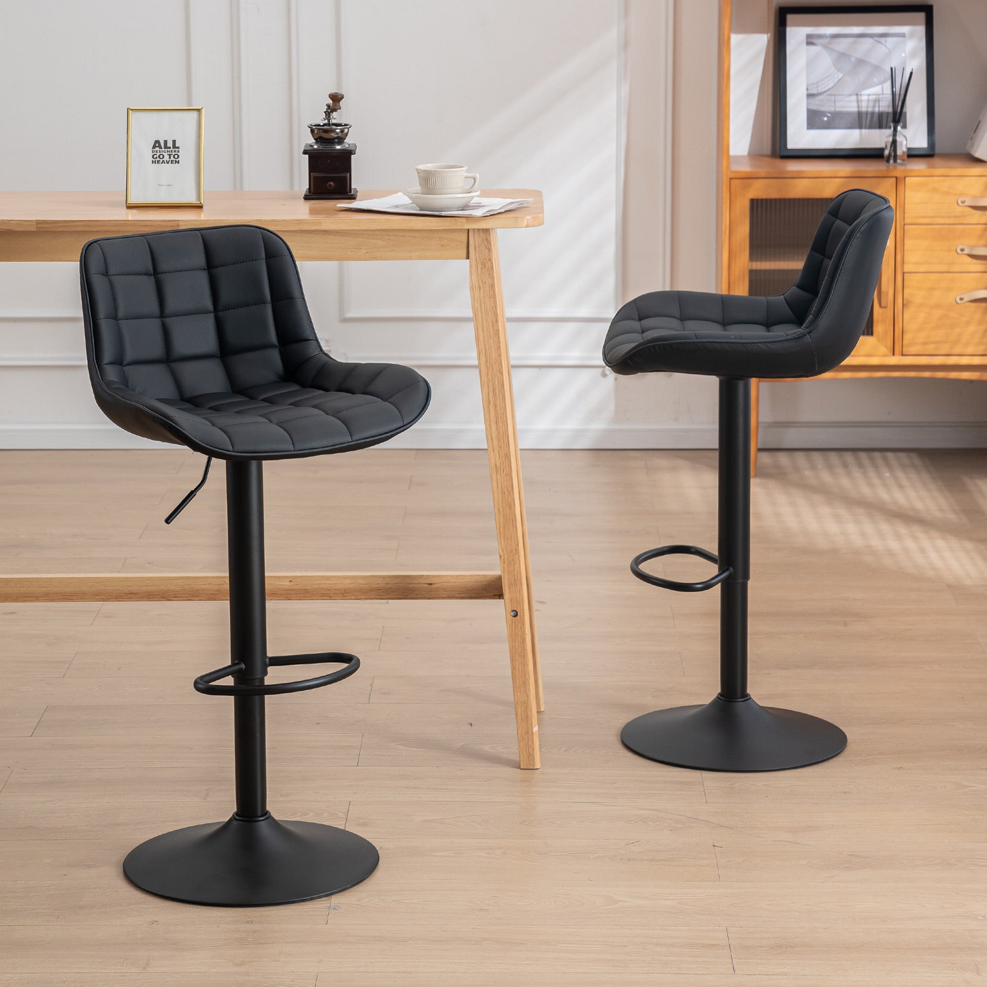 Kidol and Shellder Bar Stools Set of 2 Black PU Leather Swivel Adjustable Kitchen Barstools with Back