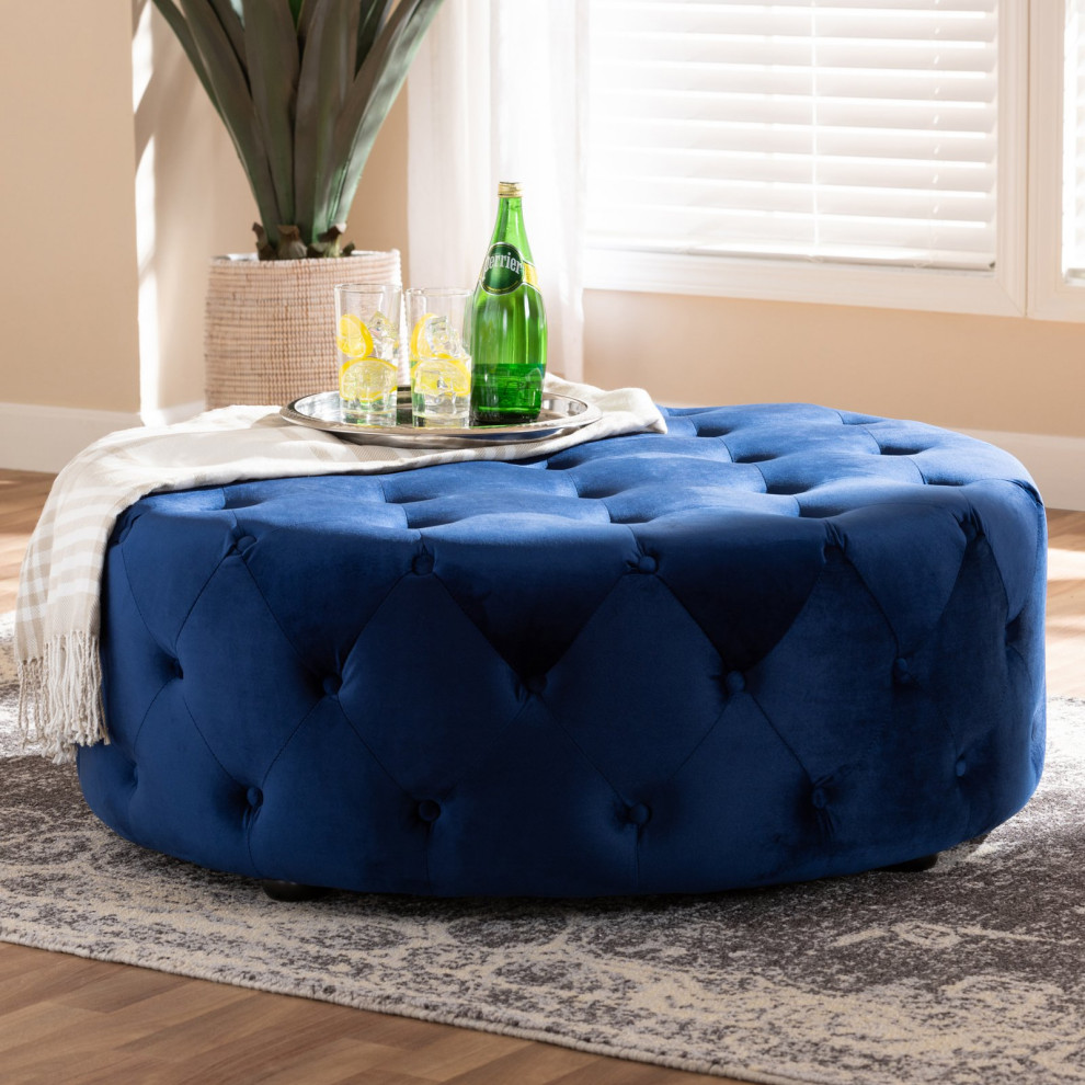 Contemporary Round Ottoman   Over Button Tufted Velvet Upholstery  Royal Blue   Contemporary   Footstools And Ottomans   by Decor Love  Houzz