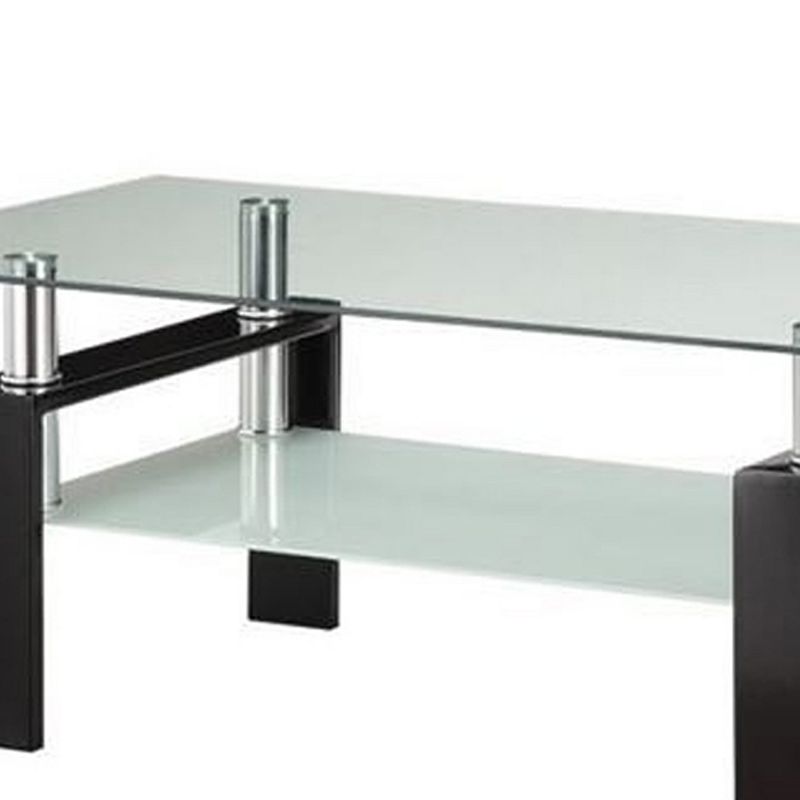 Glass Top Coffee Table with Metal Base and 1 Bottom Shelf， Clear and Black