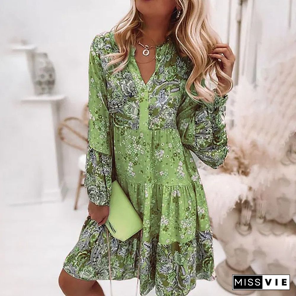 Back To School Outfits   Women Vintage Floral Dress Spring Fashion Flare Sleeve Loose V-Neck Ruffle Mini Dresses Lady Elegant Party Beach Dress Vestidos