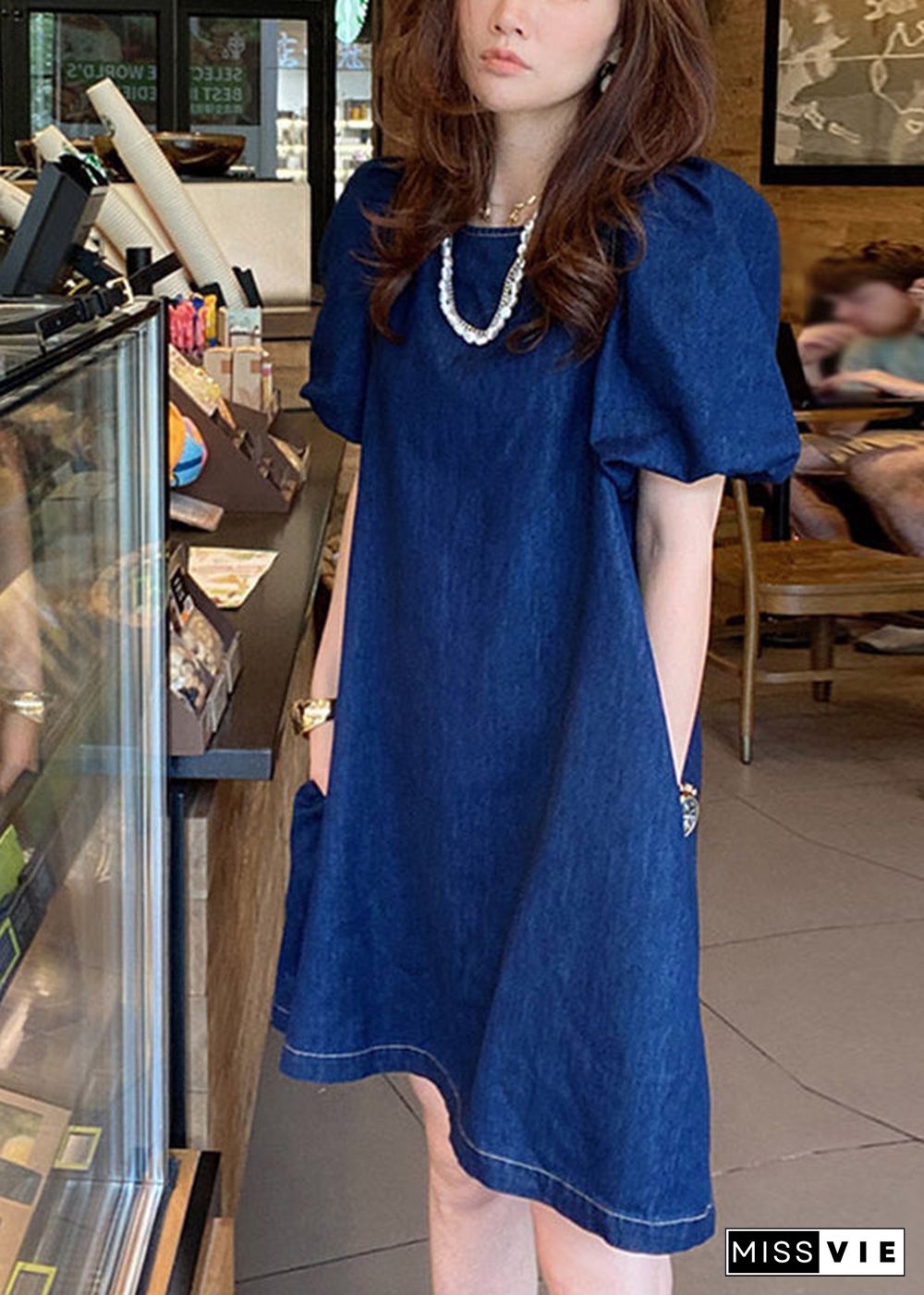 Plus Size Blue O-Neck Patchwork Cozy Mid Denim Dresses Short Sleeve