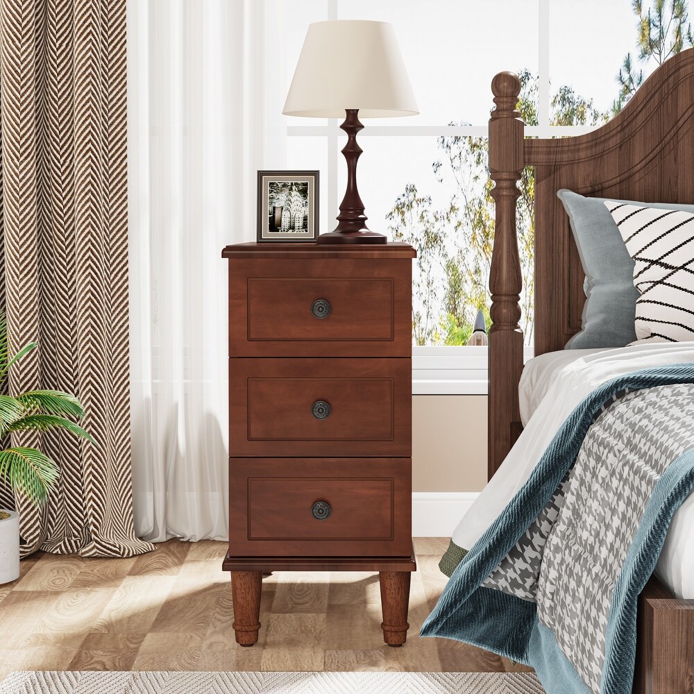 Fully Assembled Narrow End Table  Solid Wood Side Table with 3 Drawers  Vintage Nightstand Slim Bedside Table for Small Spaces