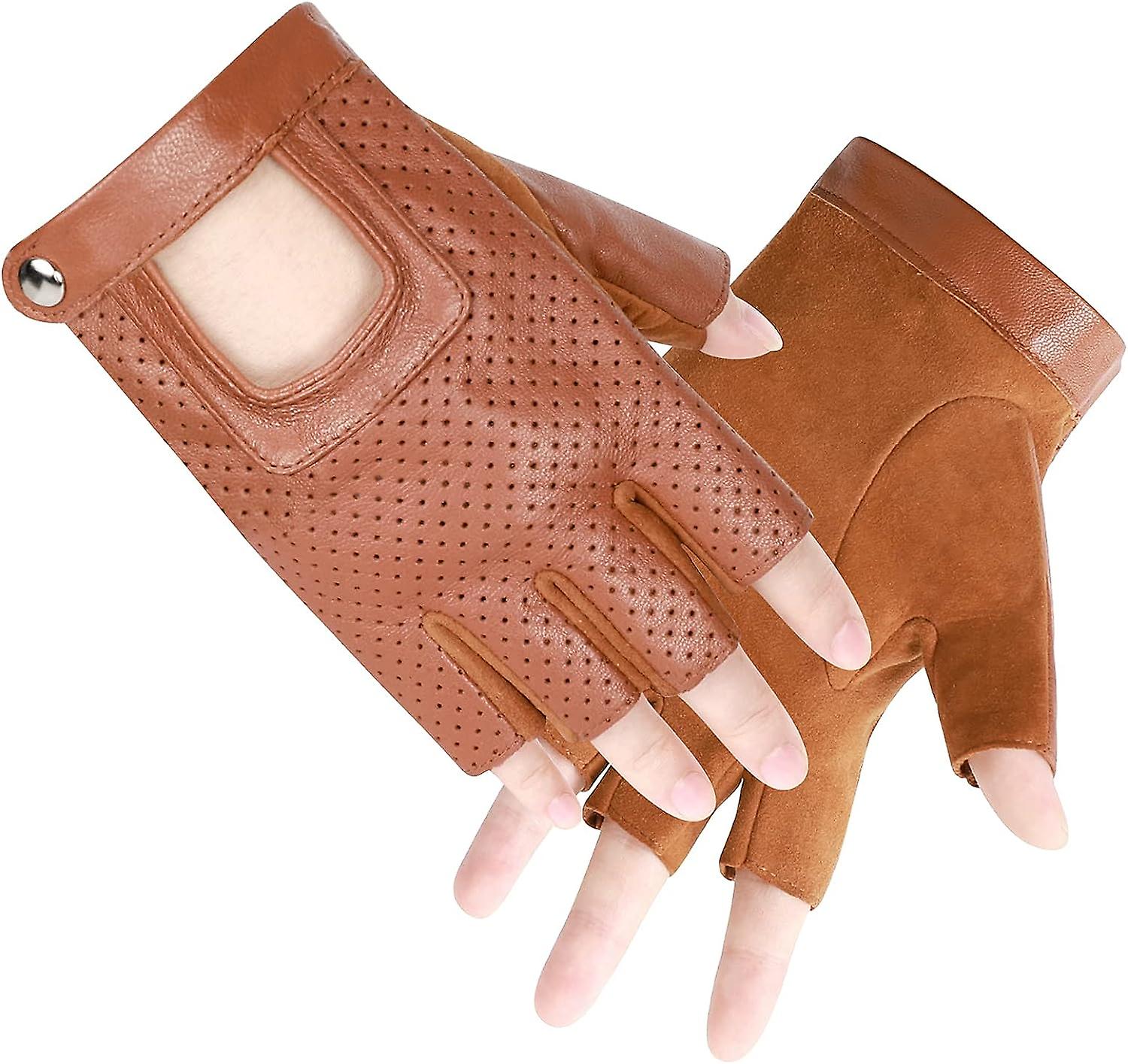 Breathable Fingerless Genuine Leather Gloves， Driving Cycling Motorcycle Sport Half Finger Glove For Men Women Teens