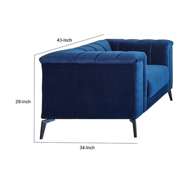 43 Inch Modern Accent Chair， Channel Tufted， Tuxedo Arms， Blue Matte Velvet