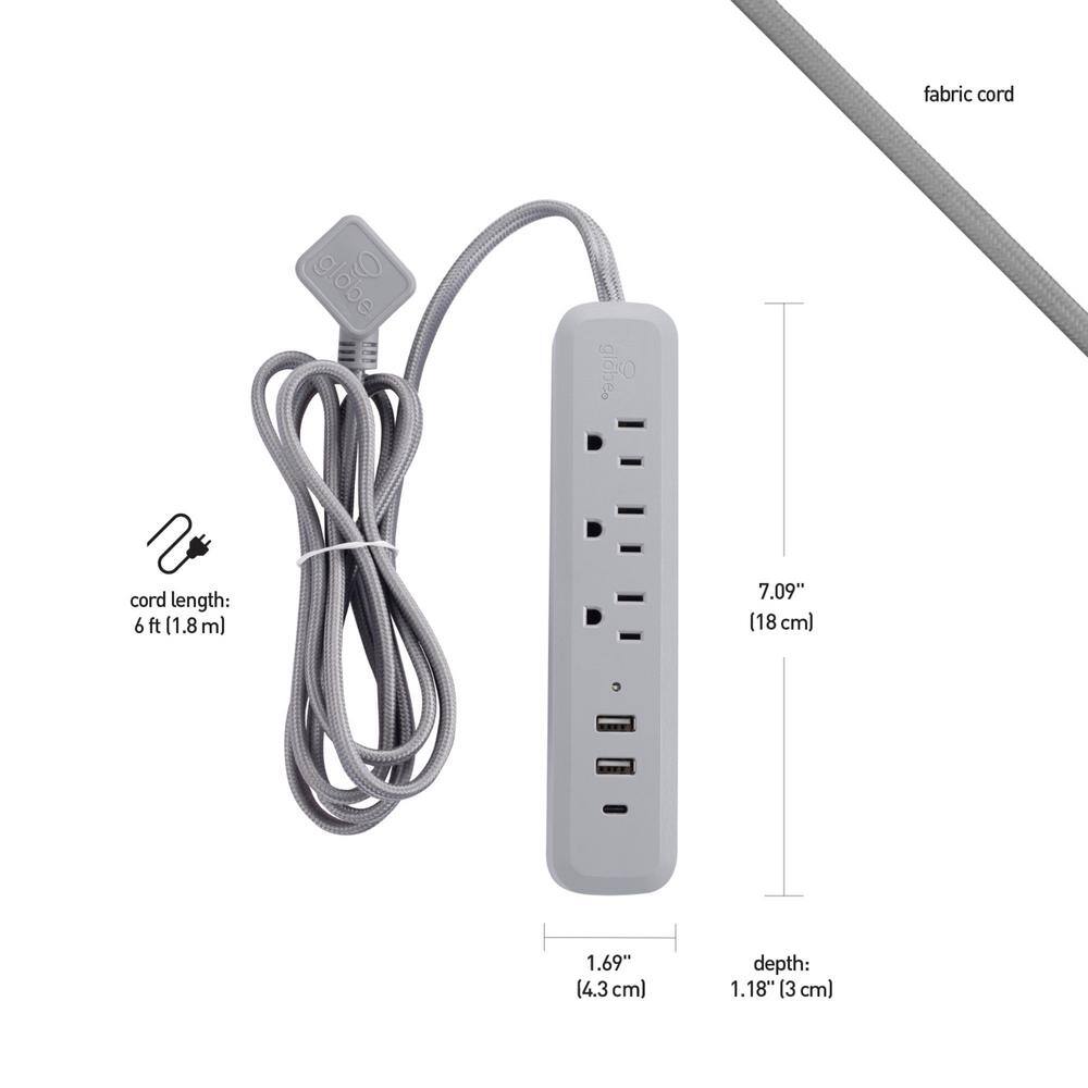 Globe Electric Designer Series 6 ft. 3-Outlet Gray USB Surge Protector Power Strip 78551