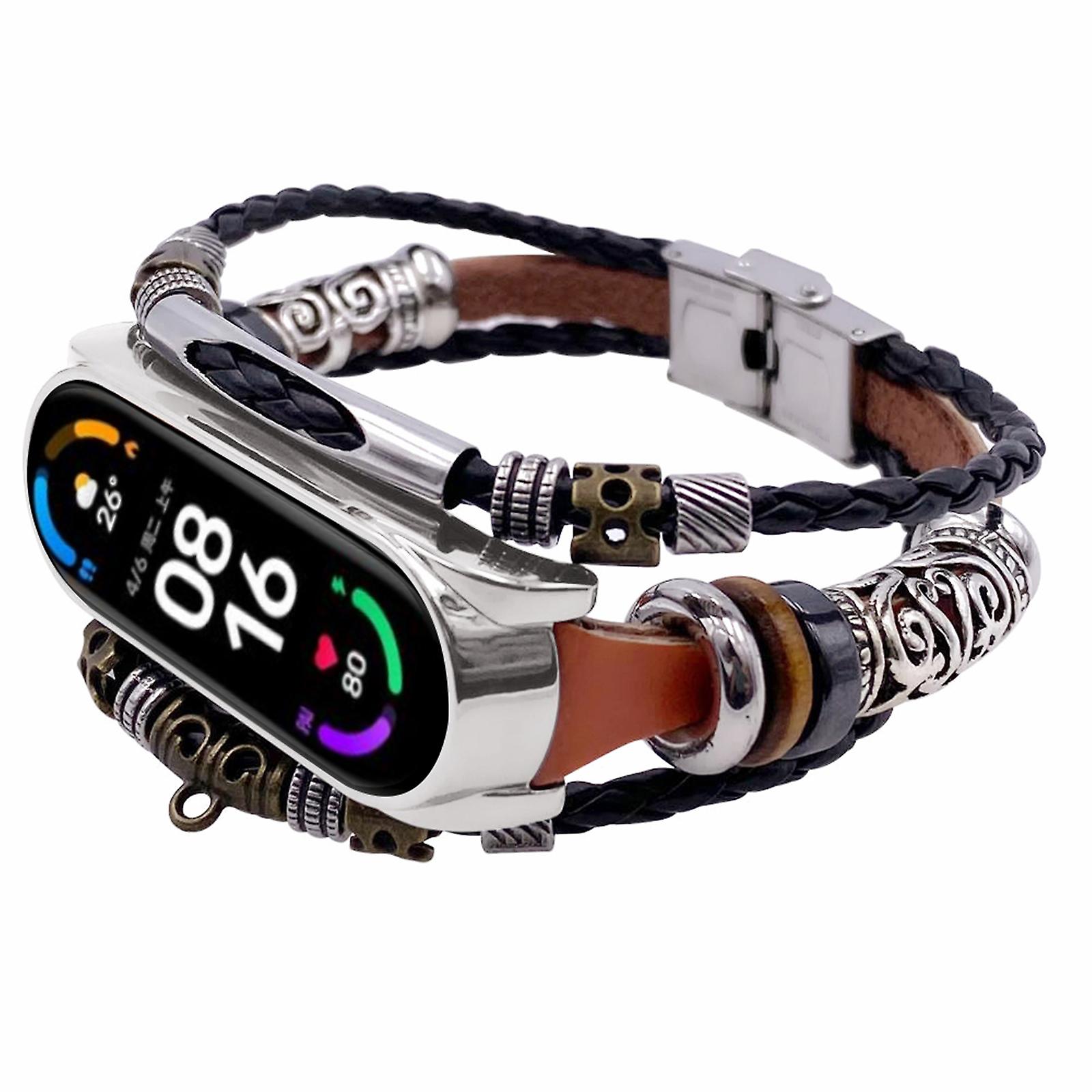 Retro Strap Replacement For Mi Band 6/6 Nfc Wrist Strap Compatible With Xiaomi Mi Band 5 Leather Strap Replacement Leather Beading Bracelet  6