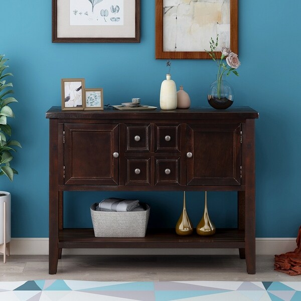 Wooden Console Table with 4 Storage Drawers and 2 Cabinets， Sofa Table with Bottom Shelf and Solid Wood Legs， Espresso