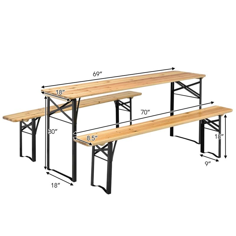 70'' 3 Pcs Folding Picnic Table Bench Set, Portable Beer Table with Seating Set, Wooden Top Outdoor Dining Table Set