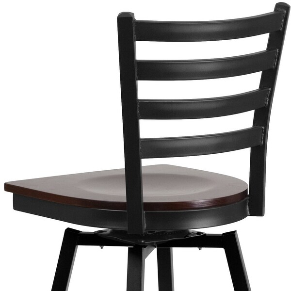 HERCULES Series Black Ladder Back Swivel Metal Barstool - Walnut Wood Seat