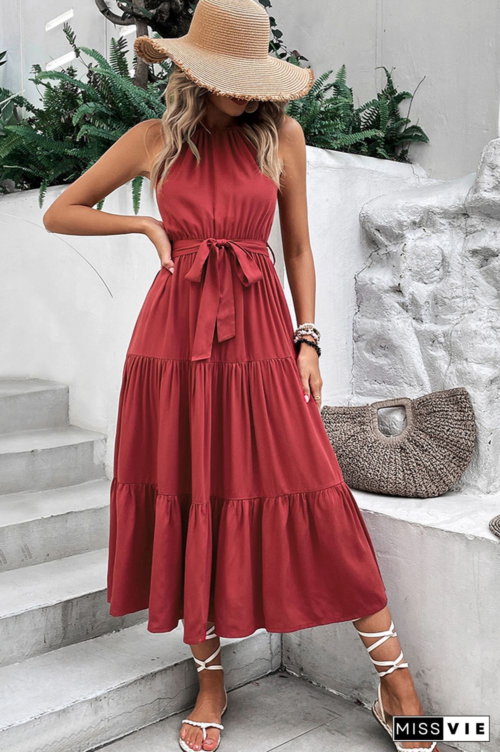 Burgundy Halter Sleeveless Tiered Dress With Sash