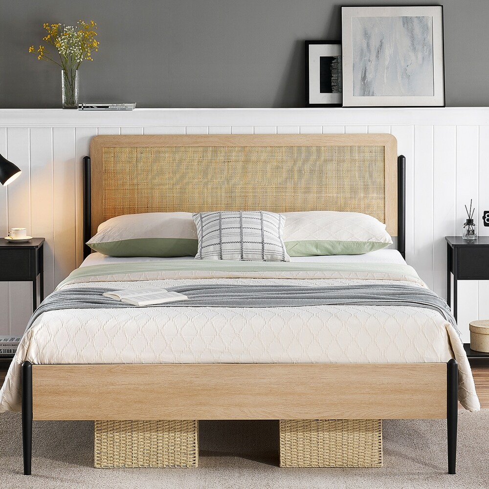 Wooden Storage Metal Platform Bed Frame with Rattan Headboard Queen/ Full