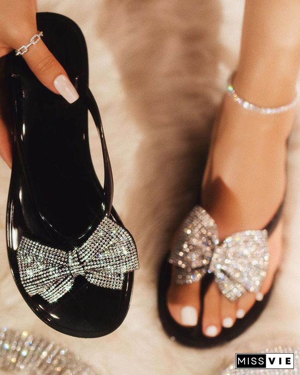 Studded Bowknot Design Open Toe Sandals