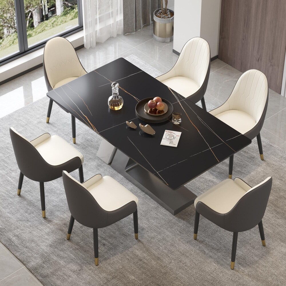 Modern Marble Dining Table Slate Panel Table with Z shape Stainless Steel Pedestal.