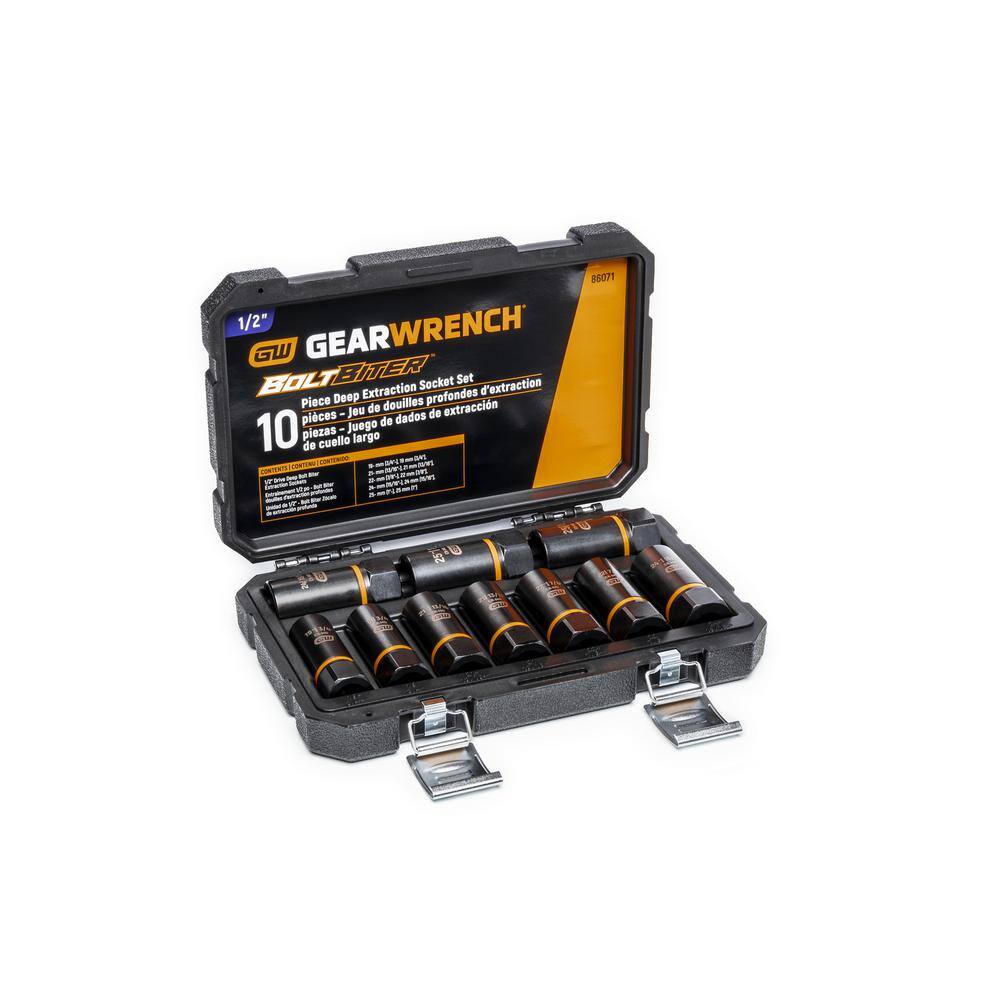 GEARWRENCH Bolt Biter 12 in. Drive SAEMetric Deep Extraction Socket Set (10-Piece) 86071