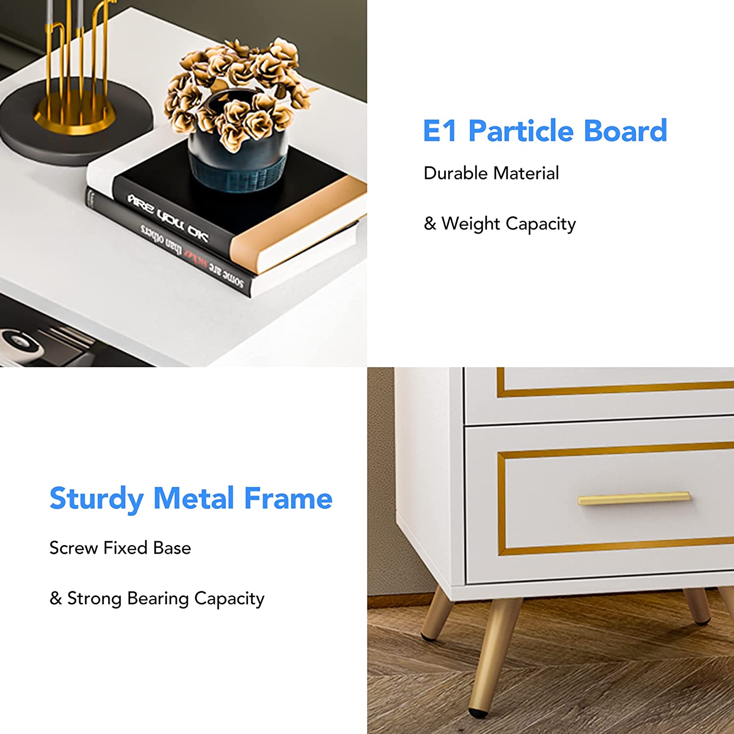 Tribesigns 2 Drawers Nightstand Sofa Table, Modern Wood Bedside Table for Bedroom with Metal Leg, White