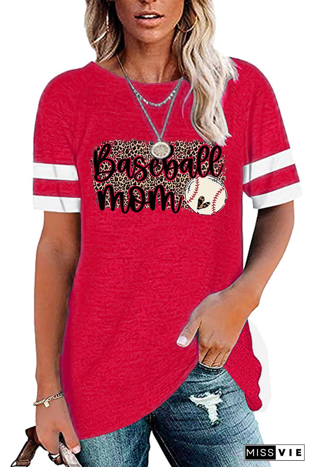 Baseball Mom Leopard Graphic Tees for Women Wholesale