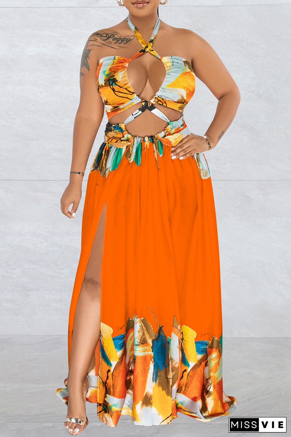 Orange Sexy Print Bandage Backless Slit Halter Long Dress Dresses