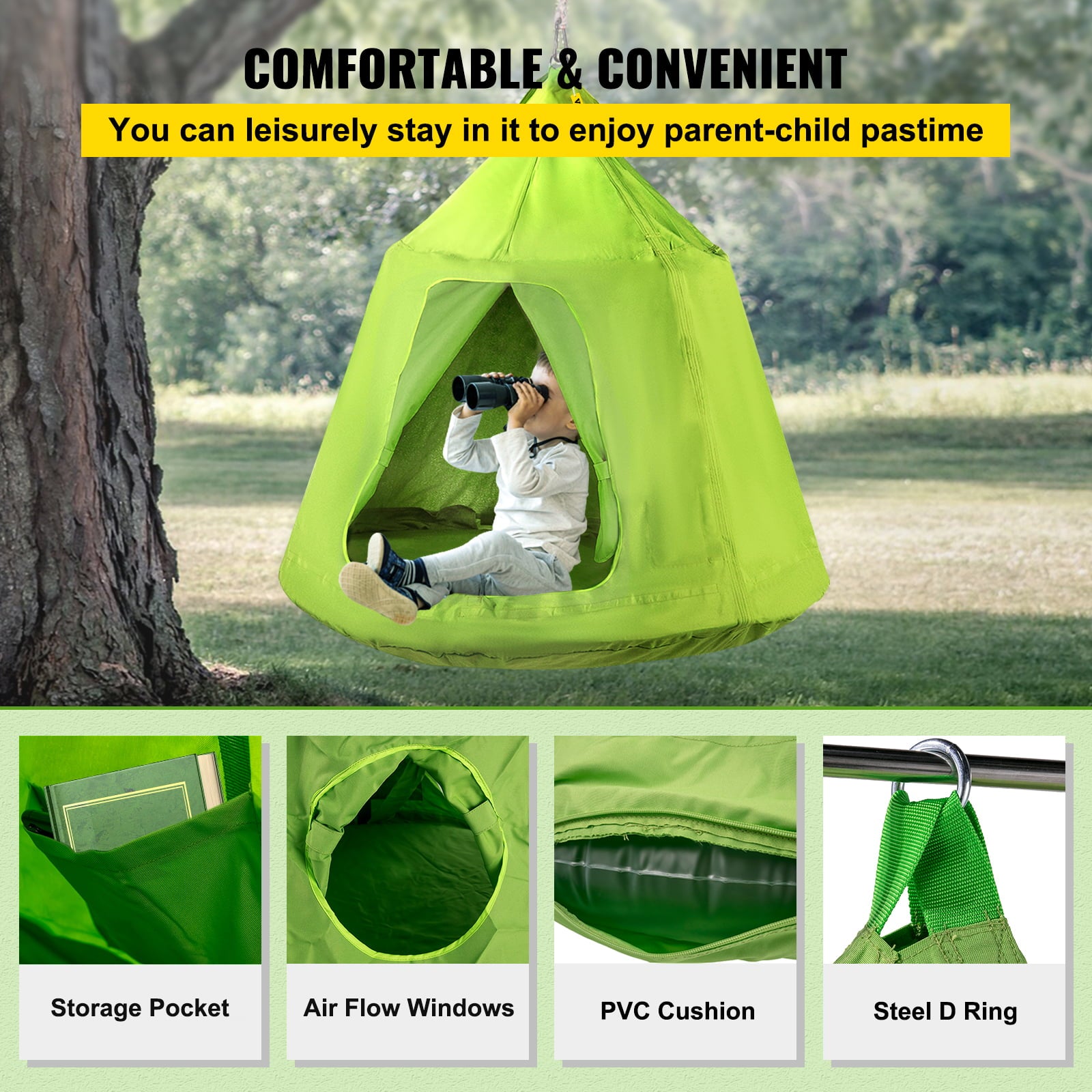 VEVORbrand 43" Hanging Tree Tent for Kids & Adult, Max.440lbs Capacity  Indoor Outdoor Swing Tree Tent Hammock Green