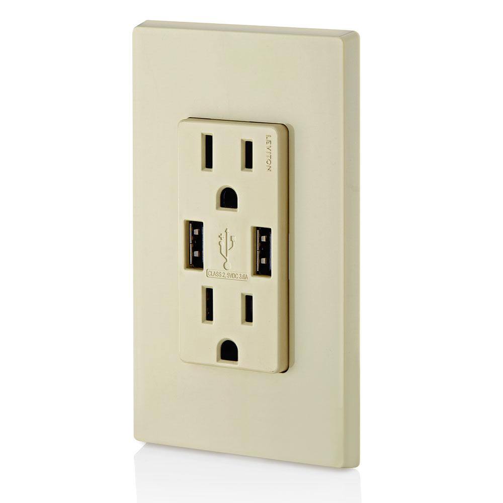 Leviton 3.6A USB Dual Type A In-Wall Charger with 15 Amp Tamper-Resistant Outlets Ivory R01-T5632-0BI