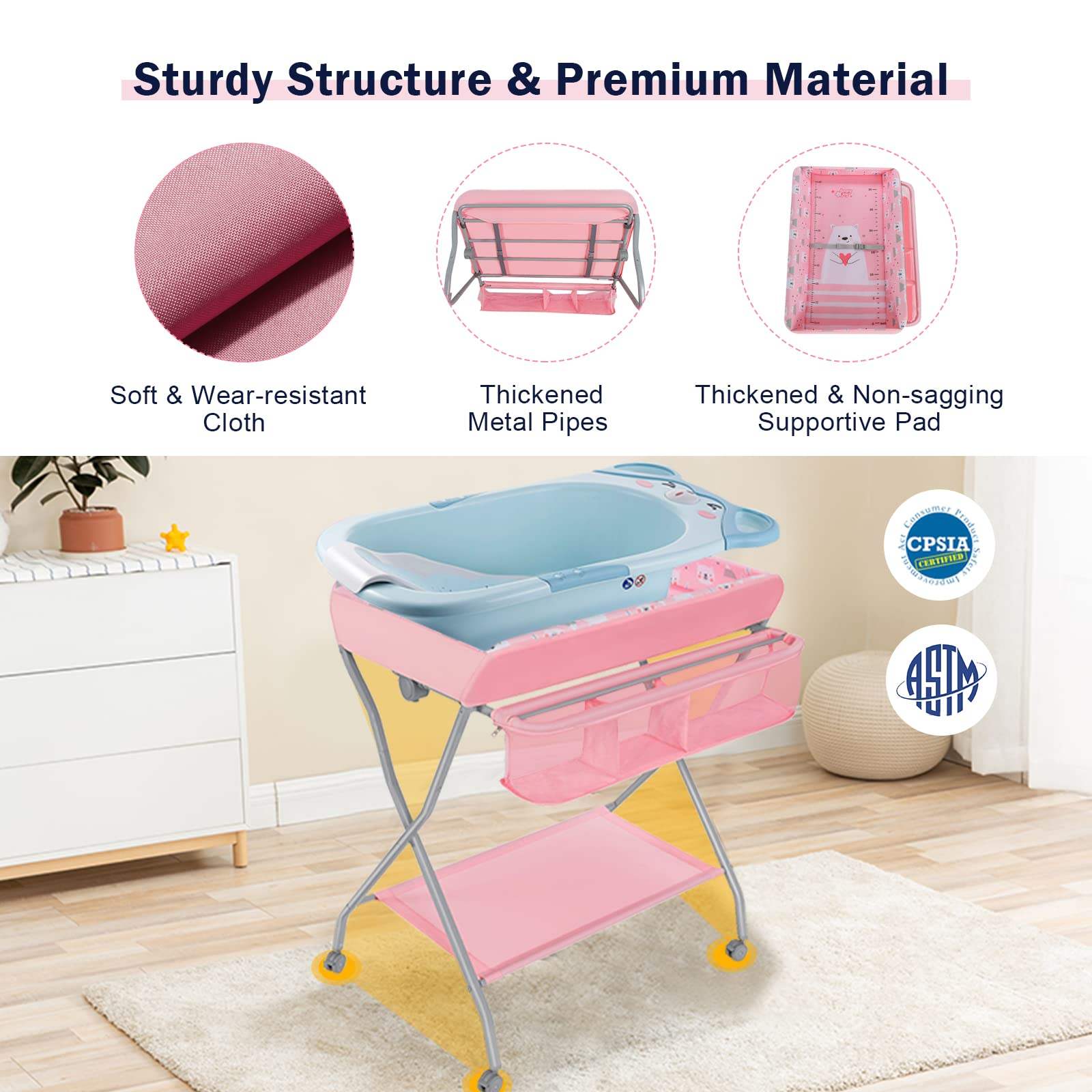 Costzon Portable Changing Table, Mobile Baby Changing Table with Wheels, Safety Belt, Large Storage Basket