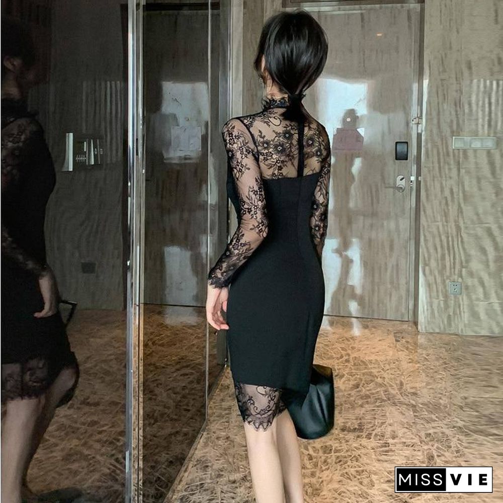 New Spring Autumn Woman Clothes Translucent Sexy Party Dress Lace stitching Long Sleeve Dresses Fashion Fall Women Clothing