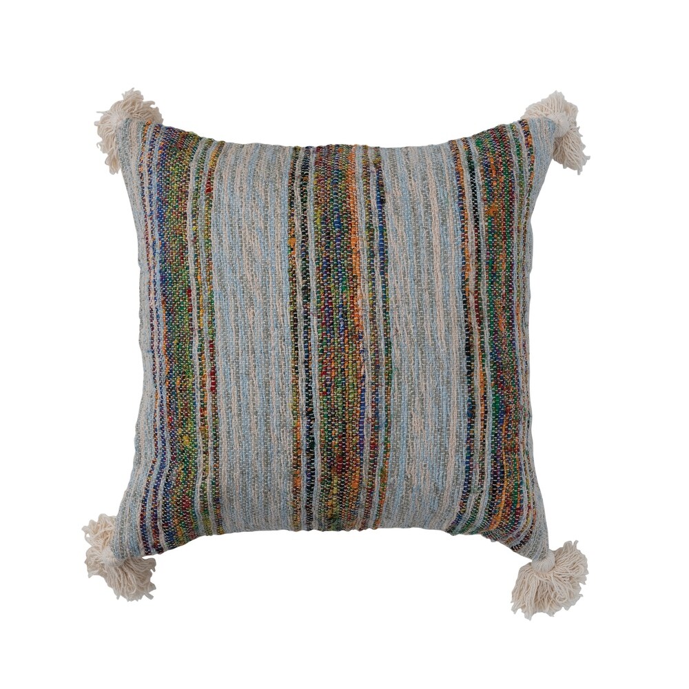 Cotton Throw Pillow Cover with Stripes  Tassels  and Chambray Back