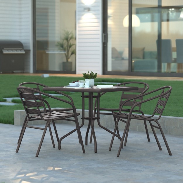 Emma And Oliver 31 5 x27 x27 Square Glass Top Metal Table With 4 Aluminum Slat Stack Chairs