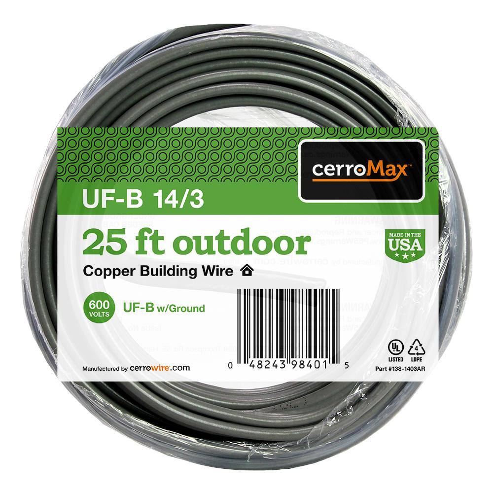 Cerrowire 25 ft. 143 Gray Solid CerroMax Copper UF-B Cable with Ground Wire 138-1403AR