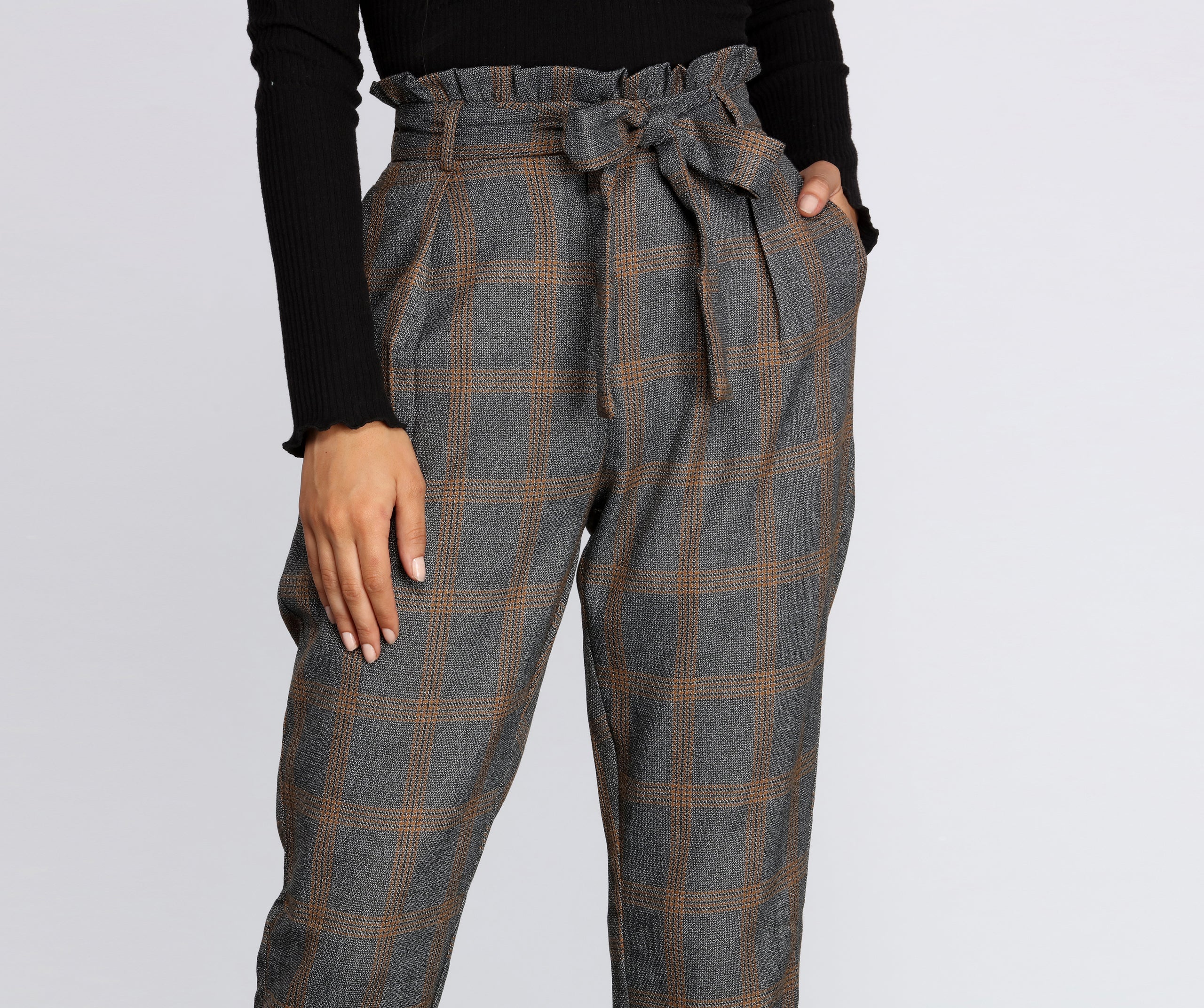 Plaid Paper Bag Tapered Pants