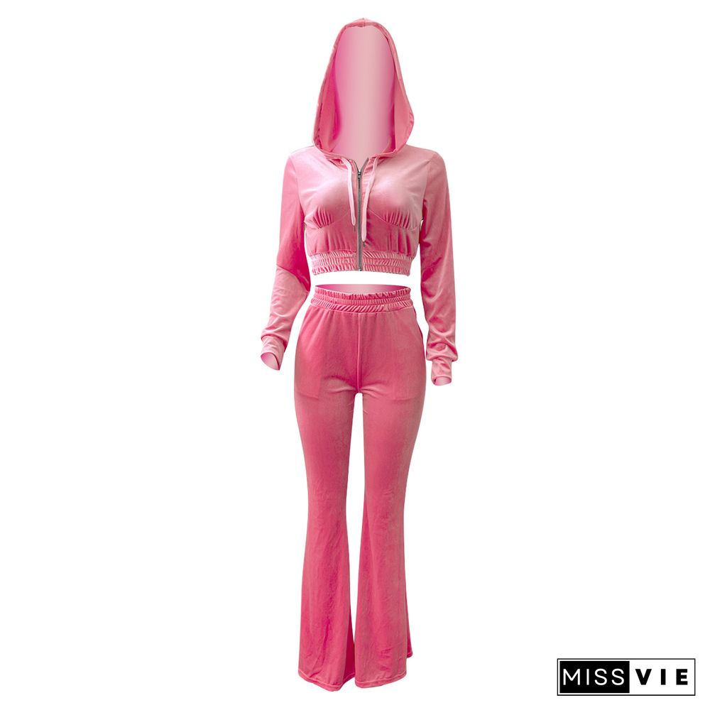 Velvet Solid Zipper Hooded Crop Tops Flare Pants Set