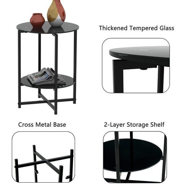 Round Glass Coffee Table End Table Sets of 3 for Living Room， Mordern Black Sofa Side Tables - as picture