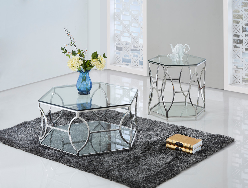 Brooke Hexagonal Silver Clear Glass Coffee Table   Contemporary   Coffee Tables   by Furniture Import  ampExport Inc.  Houzz