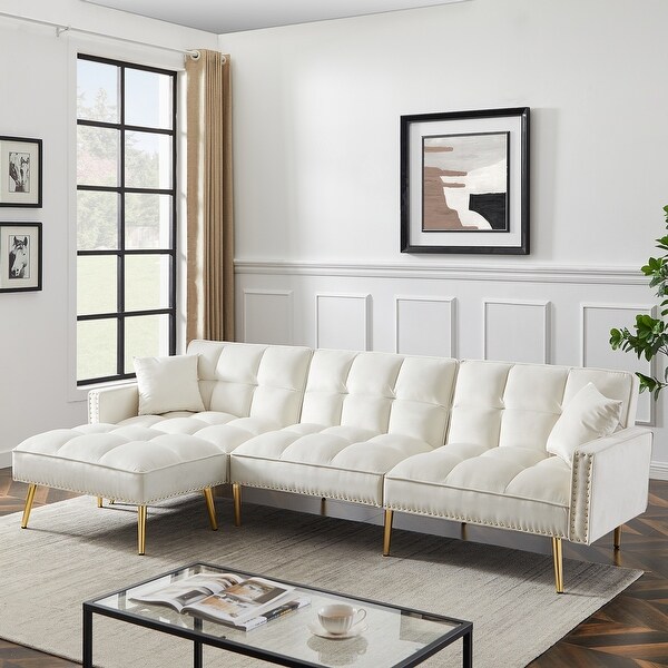 White Velvet Upholstered Reversible Sectional Sofa Bed ， L-Shaped Couch with Movable Ottoman