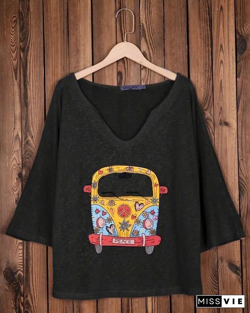 Women Daily Causal Plus Size Shift Car Printed V Neck Long Sleeve Cotton-Blend Tops