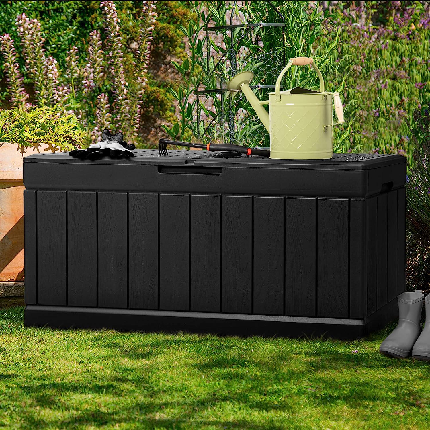 JUMMICO 88 Gallon Outdoor Deck Box Large Resin Storage Box for Patio Furniture Cushions, Toys, and Garden Tools (Black)