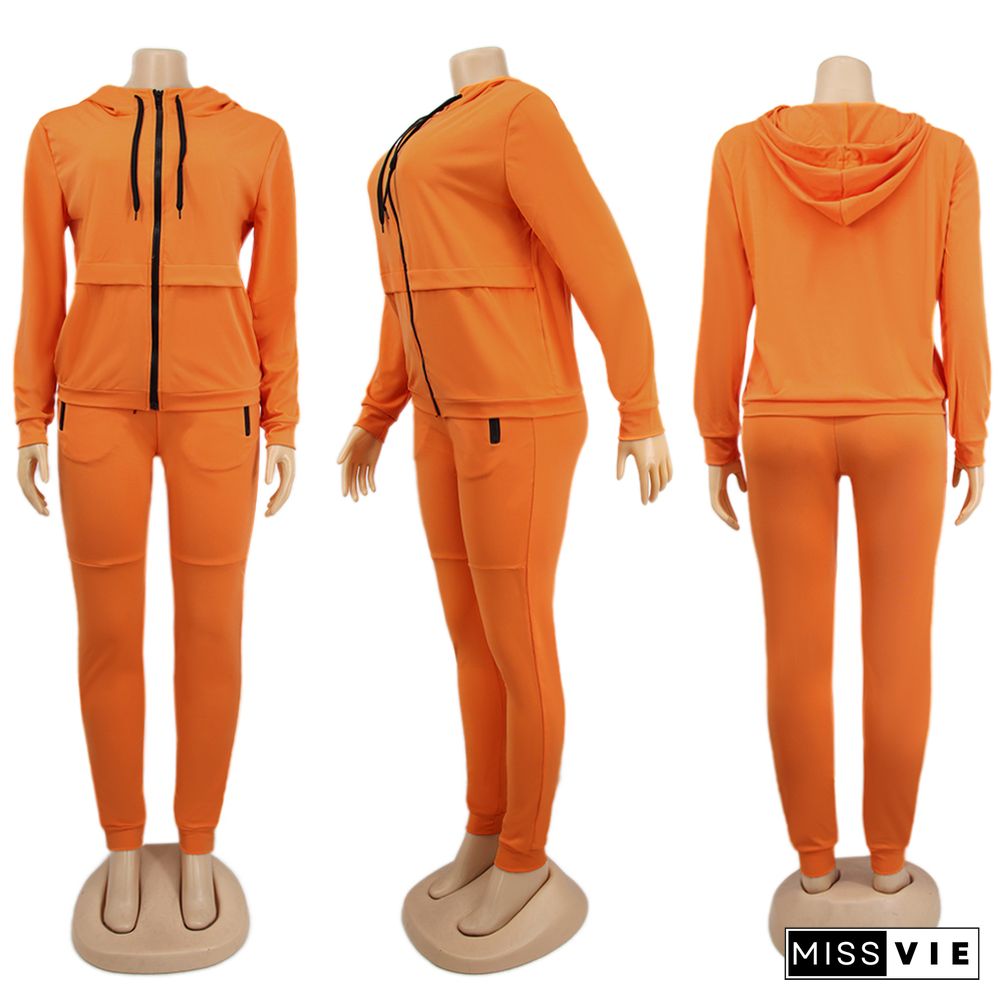 Hooded Long Sleeve Jacket Top Sport Pants Two Piece Outfits