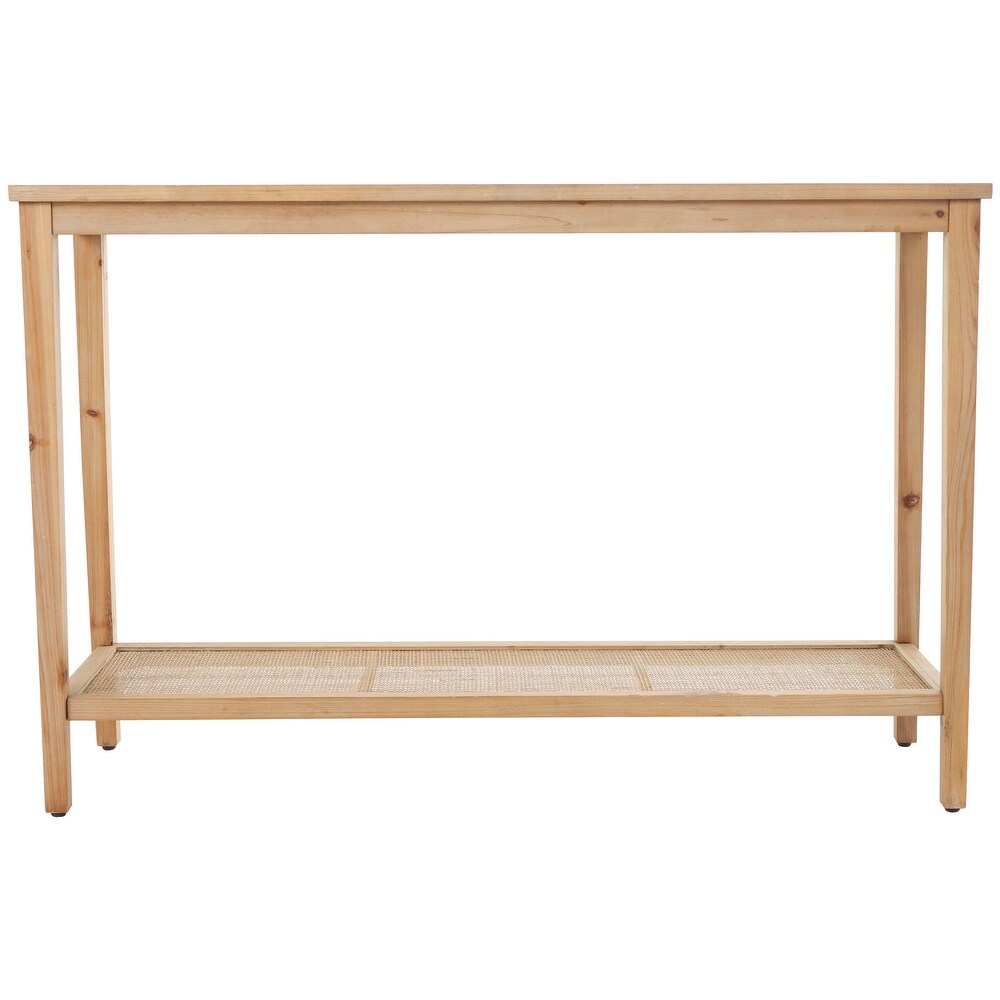 Brown Wood Slim Natural 1 Shelf Console Table with Glass Top and Rattan Shelf