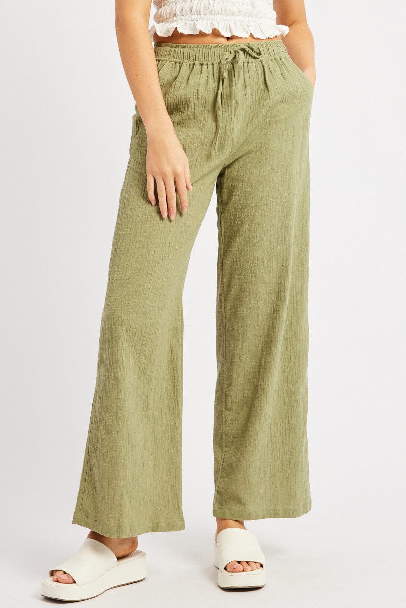 Green Wide Leg Pants High Rise