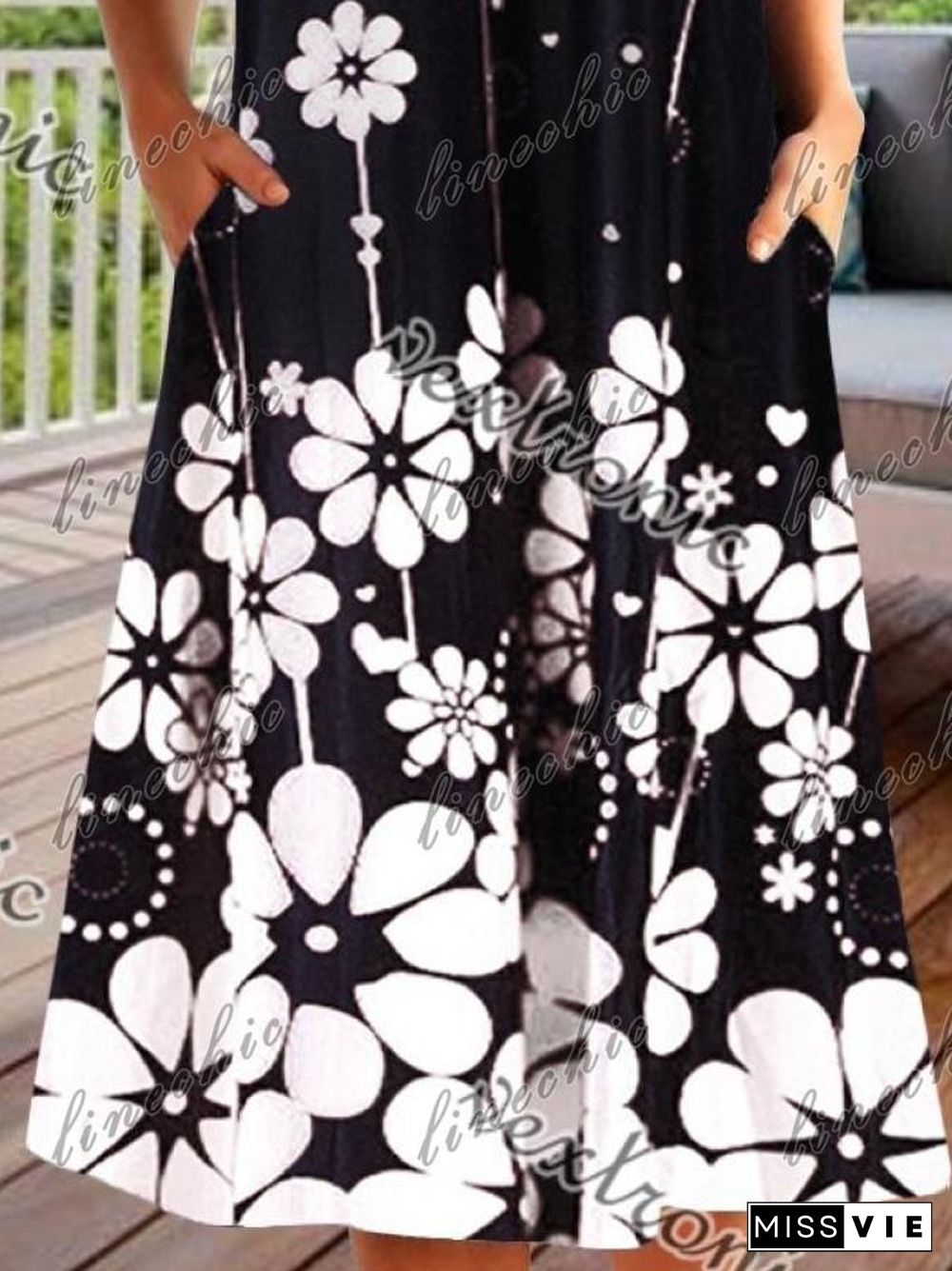 Women Casual Short Sleeve Round Neck Floral Printed Midi Dress with Pockets