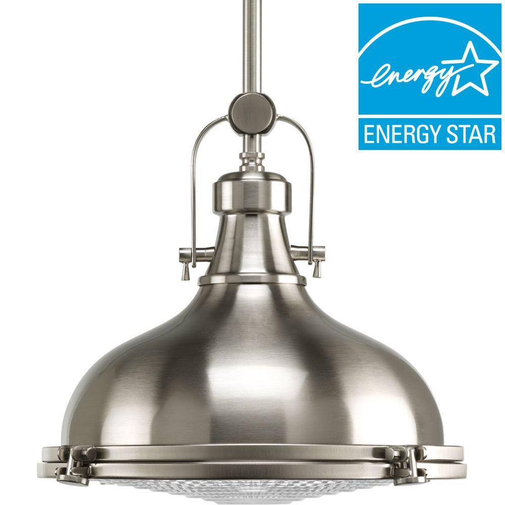 Progress Lighting Fresnel Lens Collection 12 in. 1-Light LED Brushed Nickel Fresnel Glass Coastal Pendant Kitchen Light P5188-0930K9