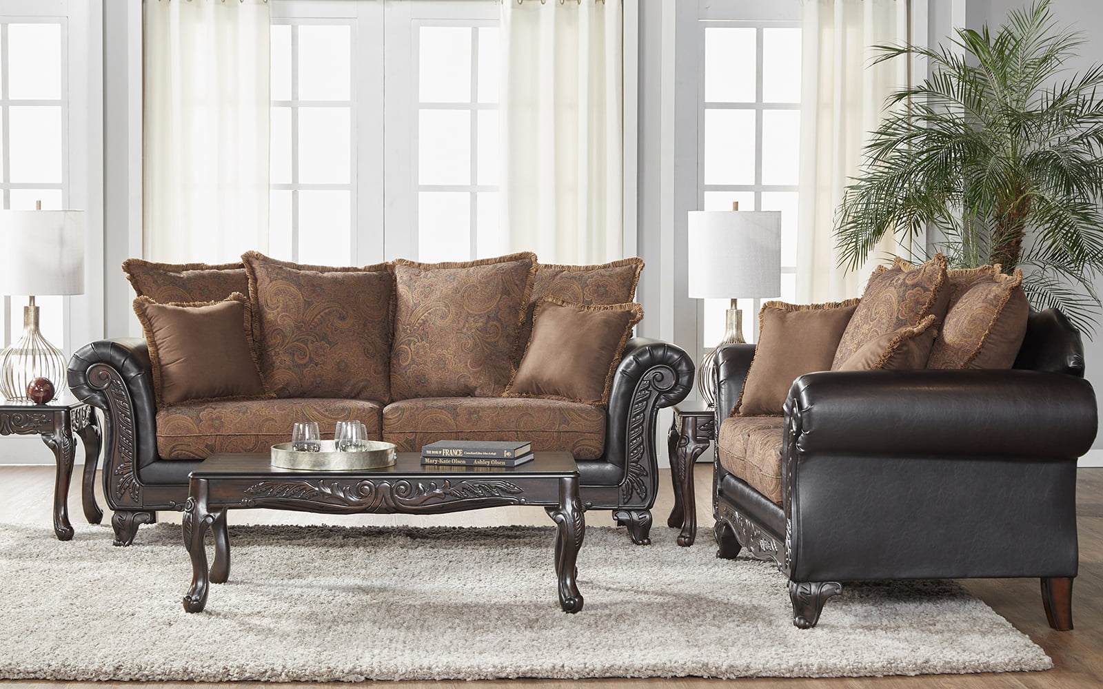 Roundhill Furniture San Marino Traditional Wood Frame Pillow Back Sofa and Loveseat Set, Fabric Upholstery, Chocolate