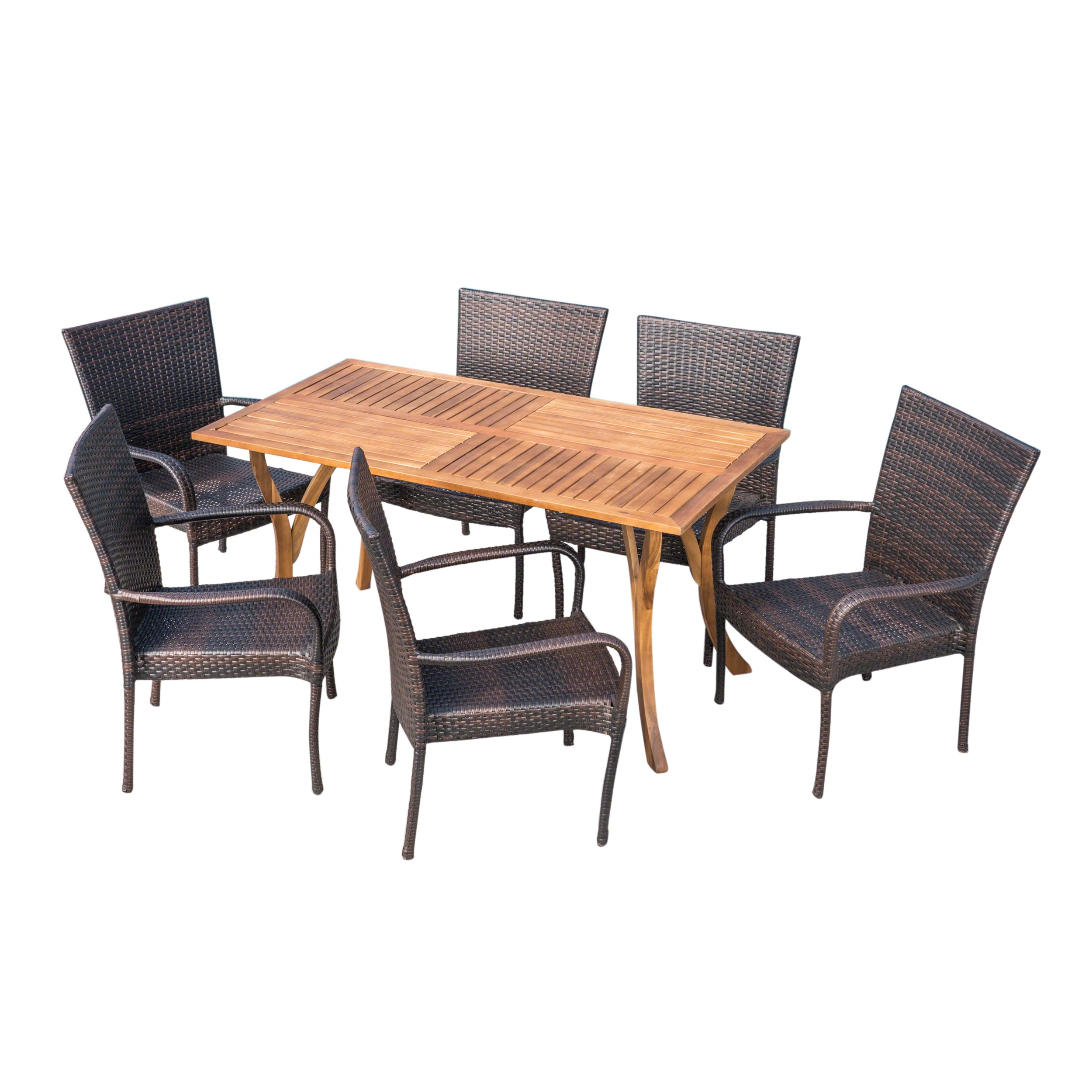 Yolanda Outdoor 7 Piece  Acacia Wood/ Wicker Dining Set, Teak Finish and Multibrown